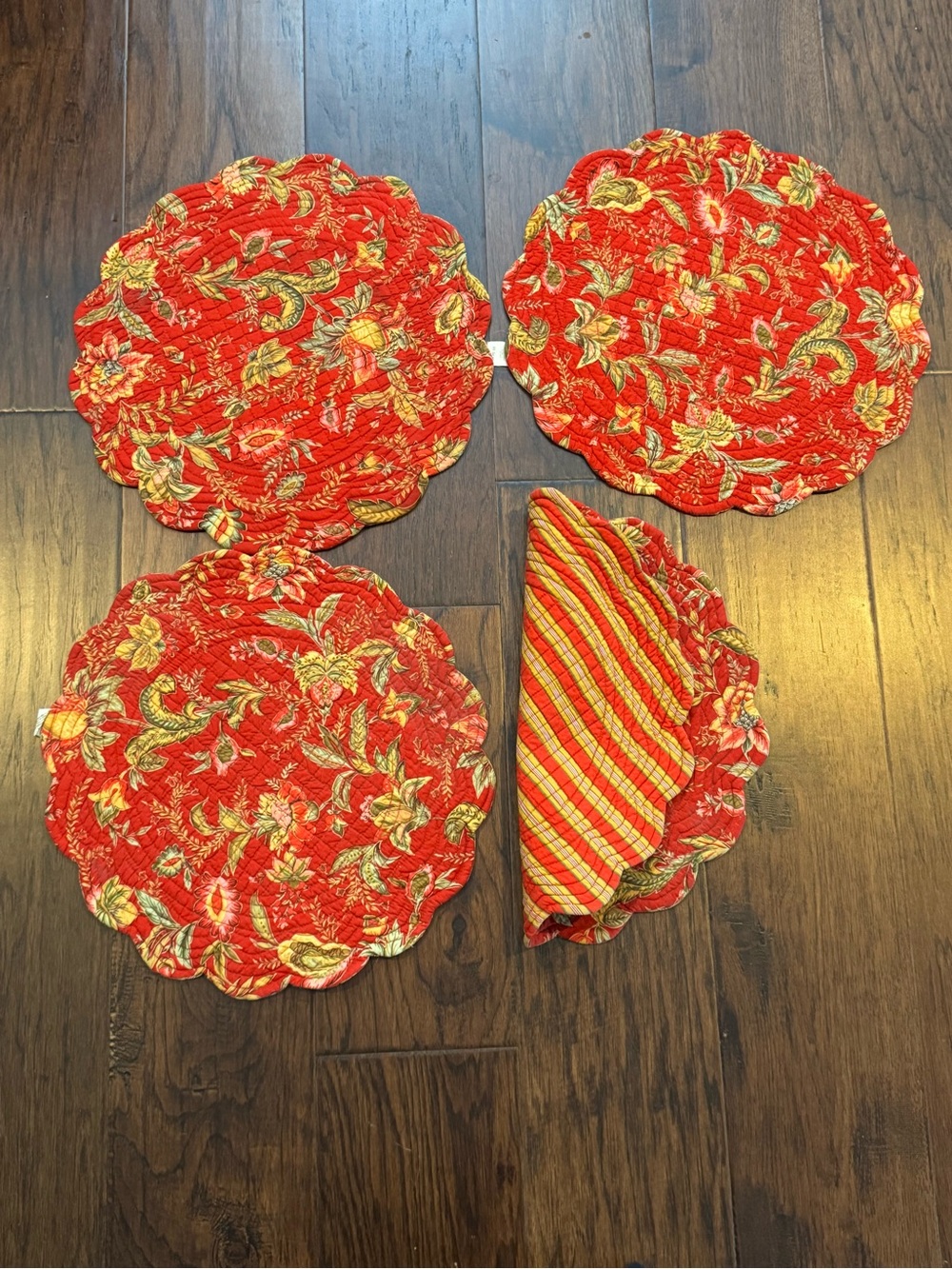 Red Floral / Reverses to Striped Quilted Caspienne Placemats - Set of 4
